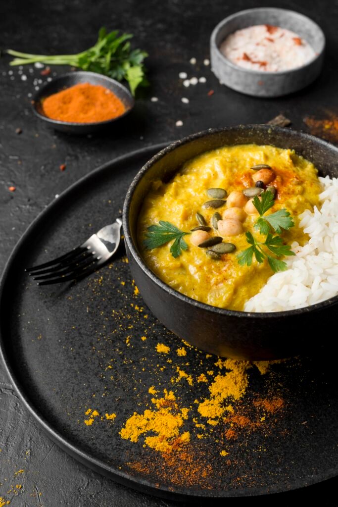 high angle pakistan food with rice